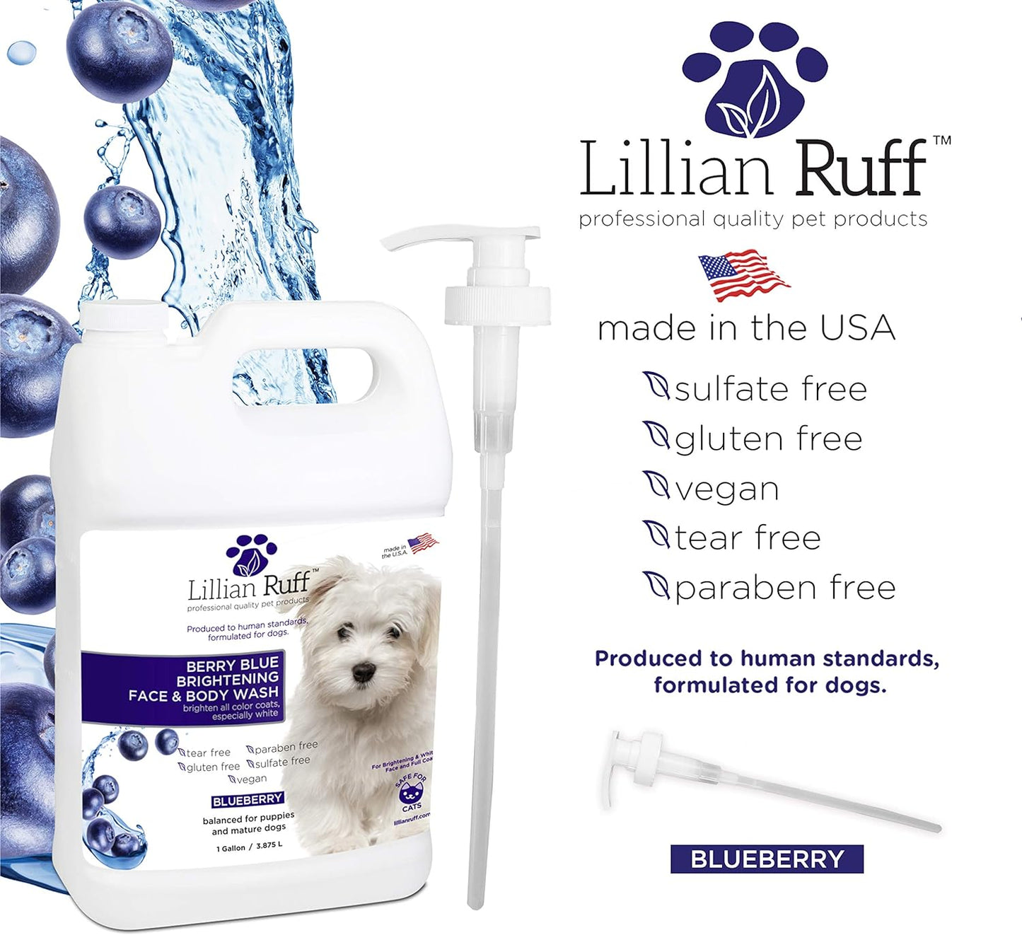 Lillian Ruff Berry Blue Brightening Face and Body Wash for Dogs - Blueberry Shampoo - Remove Tear Stains, Hydrate Dry Itchy Skin, Add Shine & Luster to Coats (Berry Blue Shampoo Gallon/Pump)