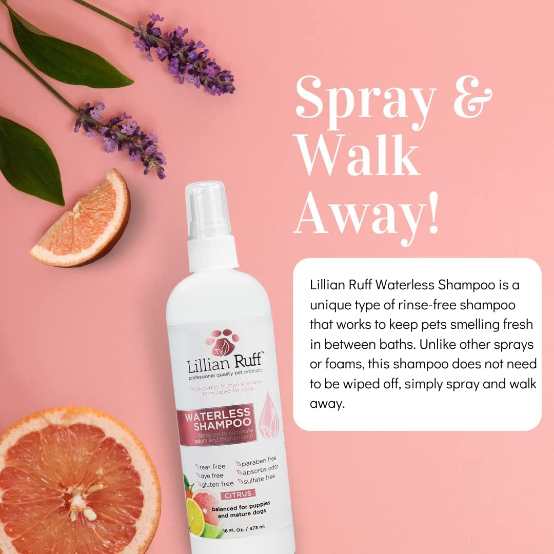 Lillian Ruff Waterless No-Rinse Dog Dry Shampoo Spray with Hydrating Essential Oils - Ph-Balanced Dry Shampoo for Dogs - Clean, Condition, Detangle & Deodorize Dry, Sensitive Skin (Citrus)